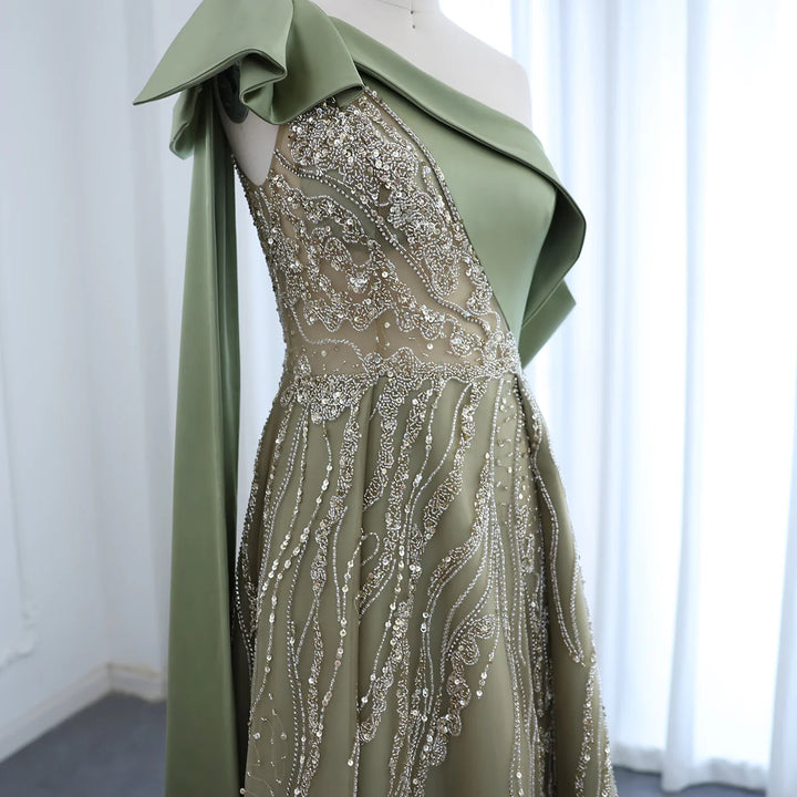 Dreamy Vow Luxury Dubai One Shoulder Olive Green Arabic Evening Dress with Cape Sleeves Side Slit Wedding Party Gowns SS323