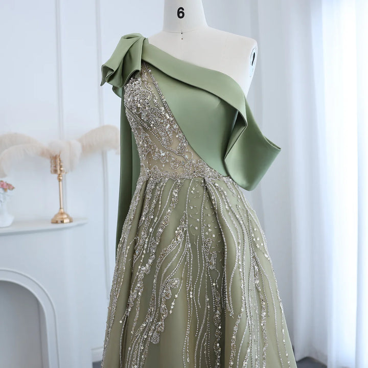 Dreamy Vow Luxury Dubai One Shoulder Olive Green Arabic Evening Dress with Cape Sleeves Side Slit Wedding Party Gowns SS323