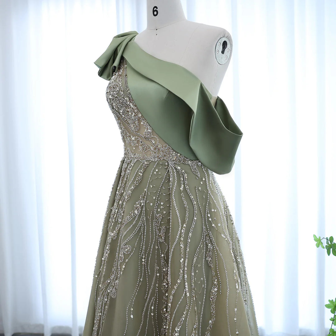 Dreamy Vow Luxury Dubai One Shoulder Olive Green Arabic Evening Dress with Cape Sleeves Side Slit Wedding Party Gowns SS323