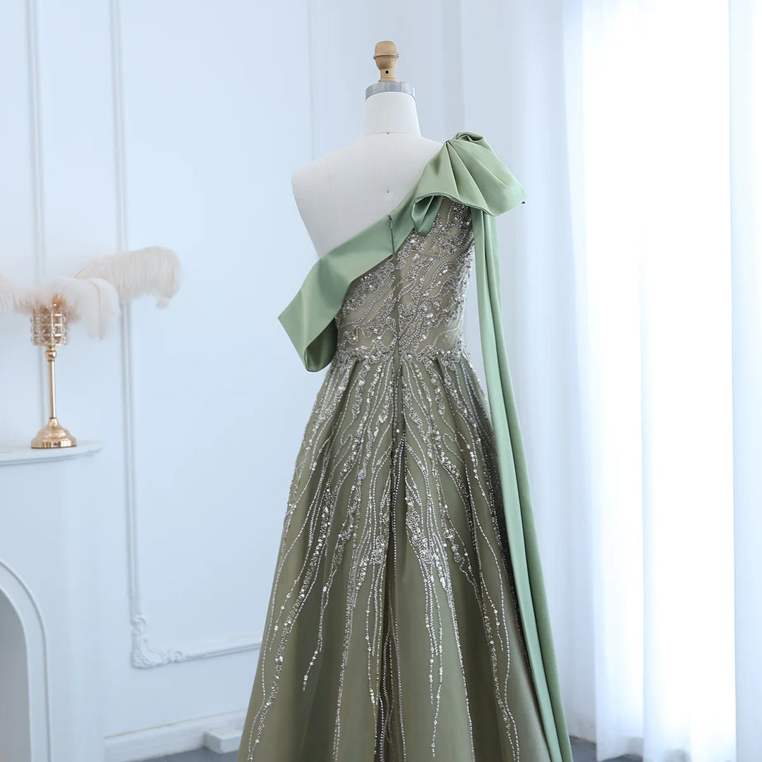 Dreamy Vow Luxury Dubai One Shoulder Olive Green Arabic Evening Dress with Cape Sleeves Side Slit Wedding Party Gowns SS323