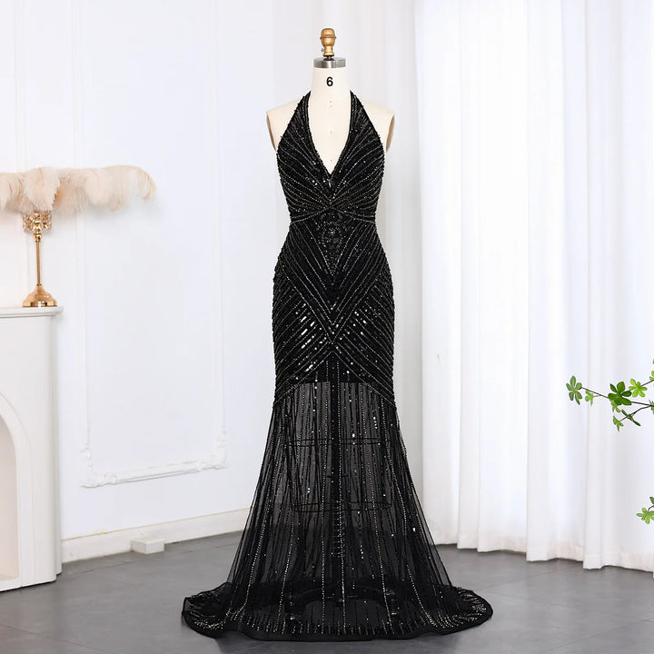 Dreamy Vow Sexy Halter Black Beaded Evening Prom Dress SS013