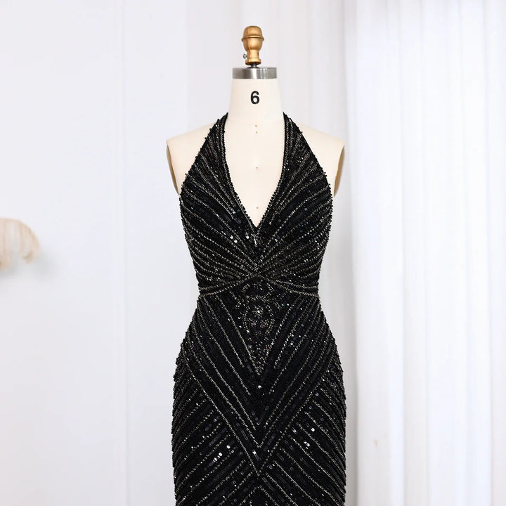 Dreamy Vow Sexy Halter Black Beaded Evening Prom Dress SS013