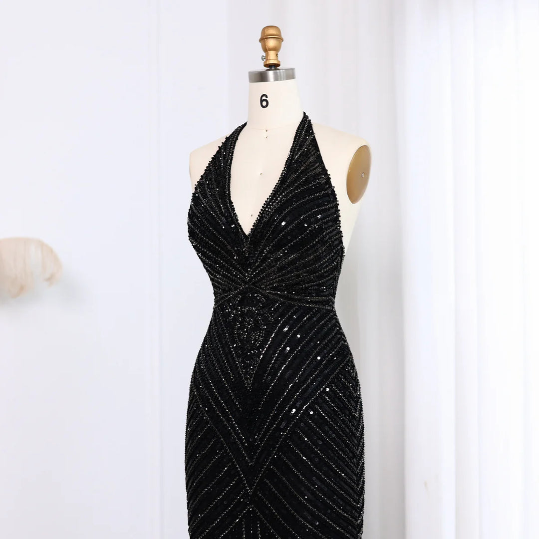 Dreamy Vow Sexy Halter Black Beaded Evening Prom Dress SS013