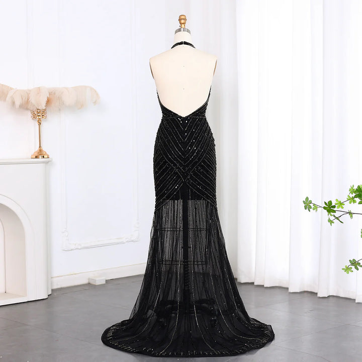 Dreamy Vow Sexy Halter Black Beaded Evening Prom Dress SS013