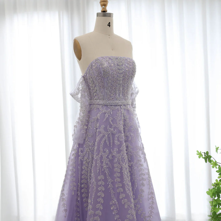 Dreamy Vow Luxury Dubai Beaded Arabic Lilac Evening Dress with Sleeves Elegant Strapless Women Wedding Party Gowns SS462