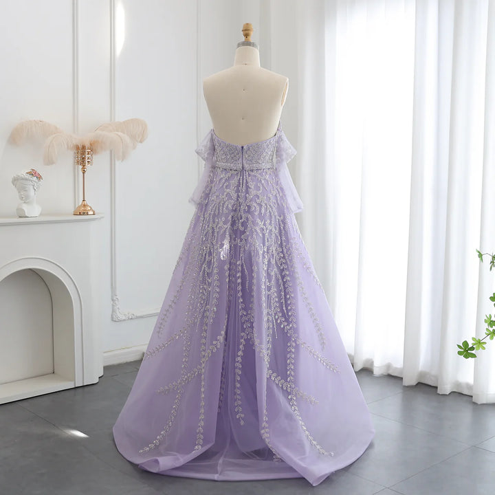 Dreamy Vow Luxury Dubai Beaded Arabic Lilac Evening Dress with Sleeves Elegant Strapless Women Wedding Party Gowns SS462
