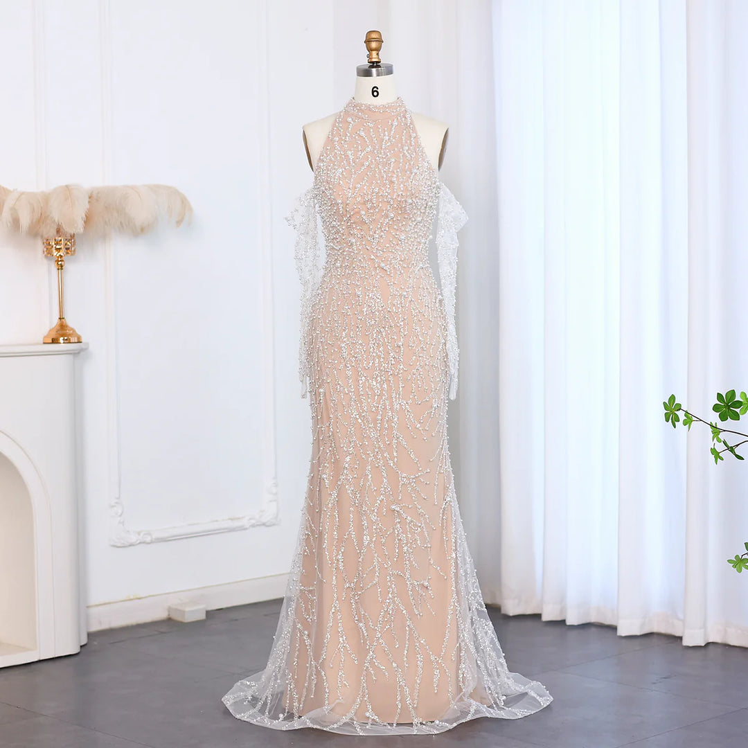 Dreamy Vow Luxury Beaded Nude Evening Dress with Gloves SS104