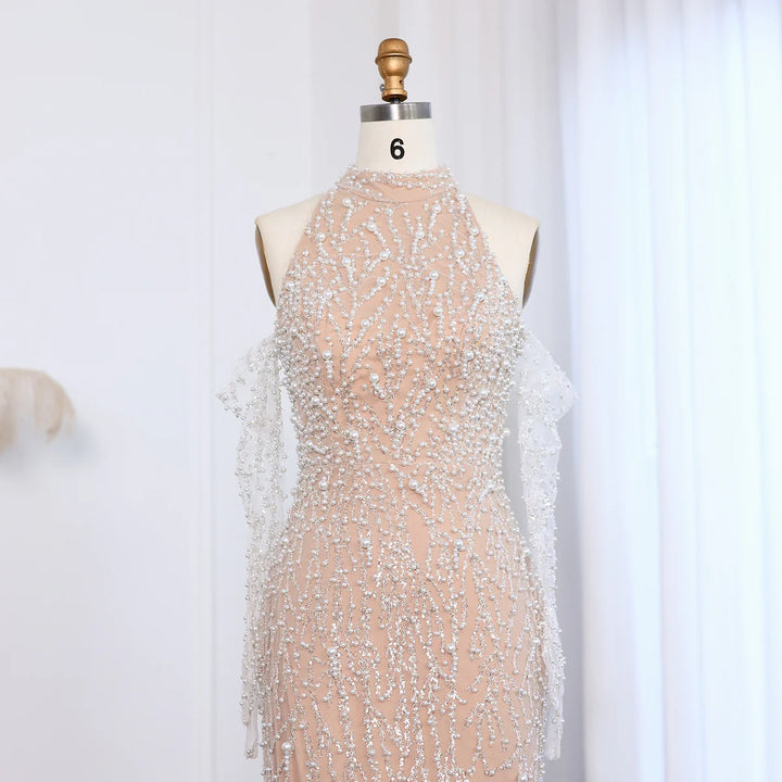 Dreamy Vow Luxury Beaded Nude Evening Dress with Gloves SS104