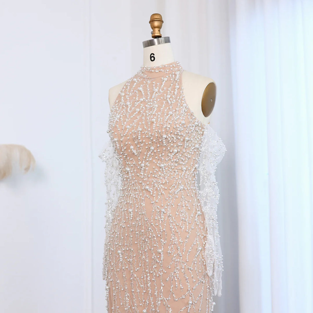 Dreamy Vow Luxury Beaded Nude Evening Dress with Gloves SS104