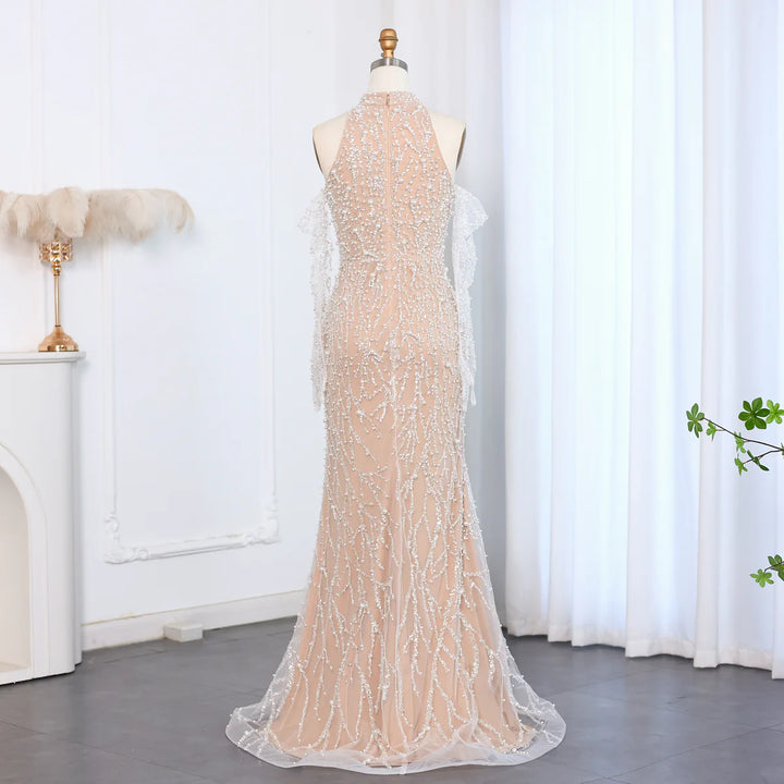 Dreamy Vow Luxury Beaded Nude Evening Dress with Gloves SS104