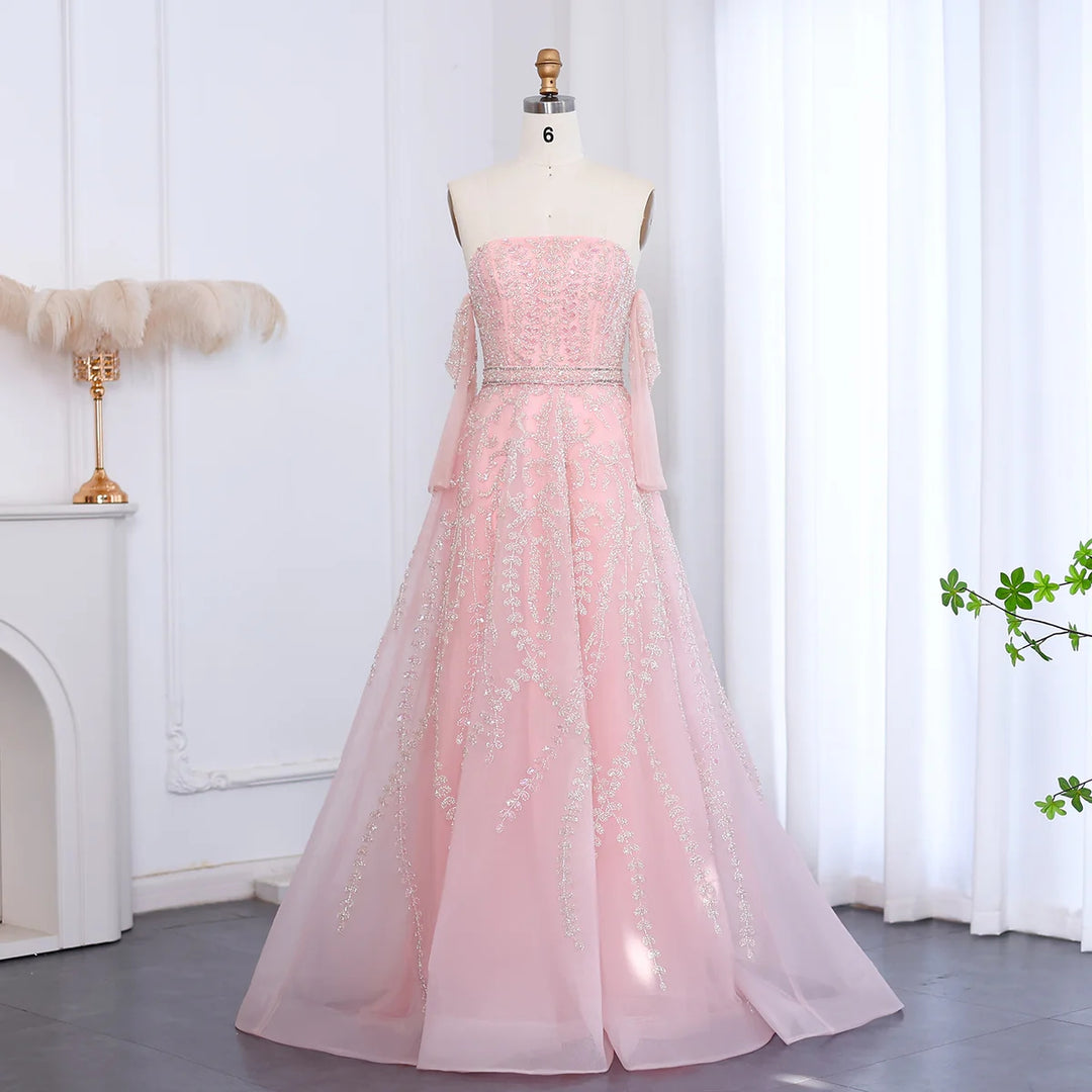 Dreamy Vow Luxury Dubai Beaded Arabic Lilac Evening Dress with Sleeves Elegant Strapless Women Wedding Party Gowns SS462