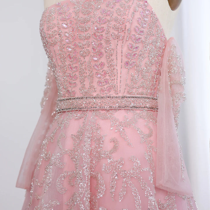 Dreamy Vow Luxury Dubai Beaded Arabic Lilac Evening Dress with Sleeves Elegant Strapless Women Wedding Party Gowns SS462