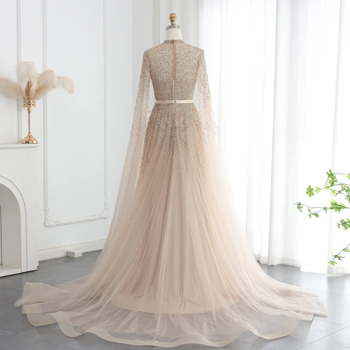 Dreamy Vow Luxus Dubai Blau Arabisch Abendkleid mit Cape-Ärmeln Elegante High Neck Muslimischen Frauen Hochzeit Party Kleider SS451