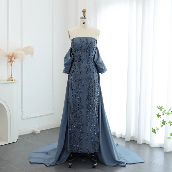 Luxury Blue Strapless Arabic Evening Dress with Cape Dubai Party Gowns SS454