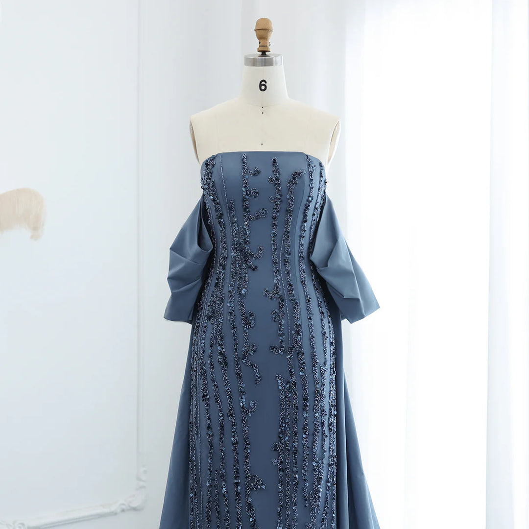 Luxury Blue Strapless Arabic Evening Dress with Cape Dubai Party Gowns SS454