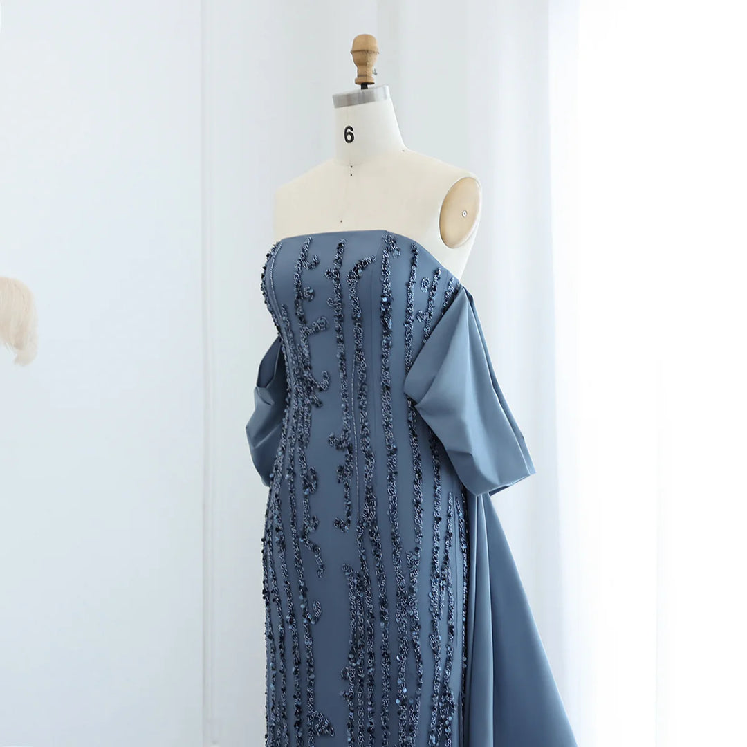 Luxury Blue Strapless Arabic Evening Dress with Cape Dubai Party Gowns SS454