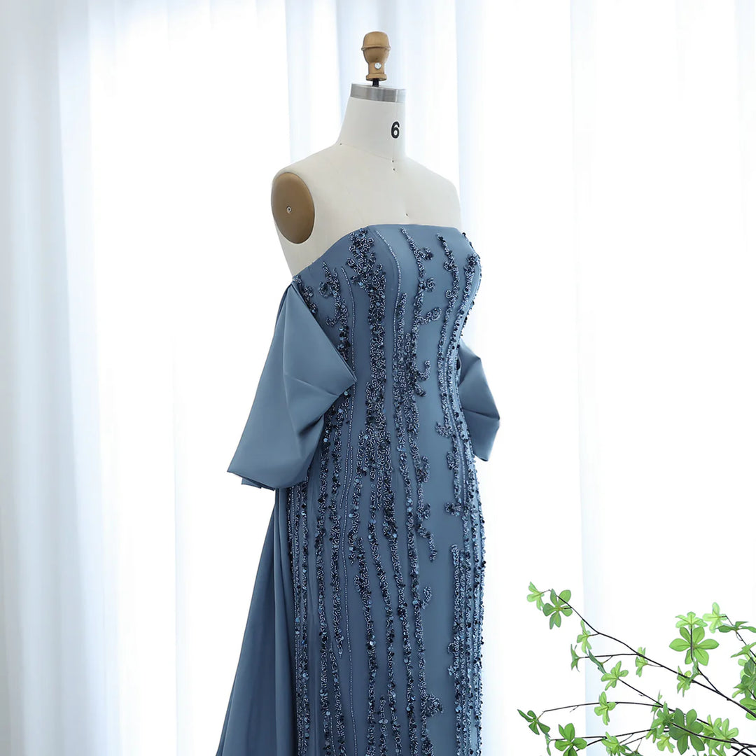 Luxury Blue Strapless Arabic Evening Dress with Cape Dubai Party Gowns SS454