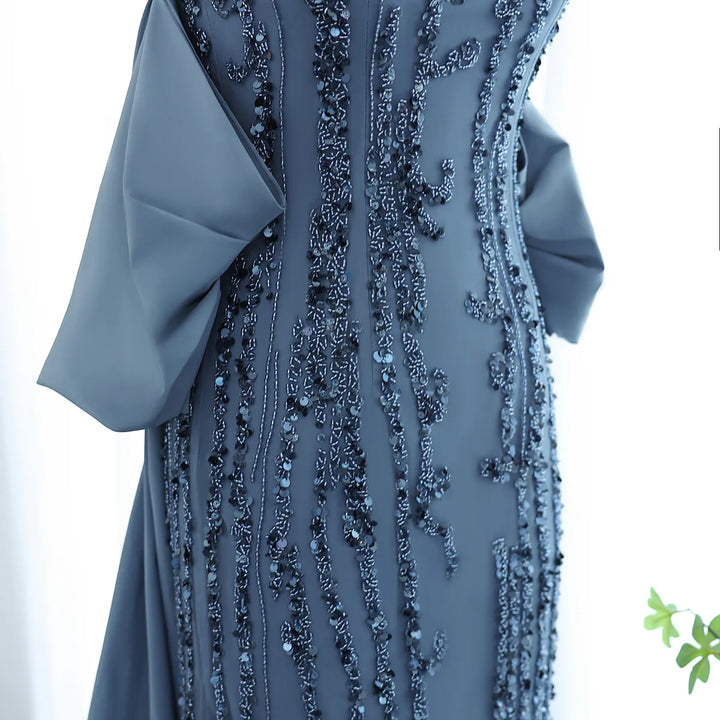 Luxury Blue Strapless Arabic Evening Dress with Cape Dubai Party Gowns SS454