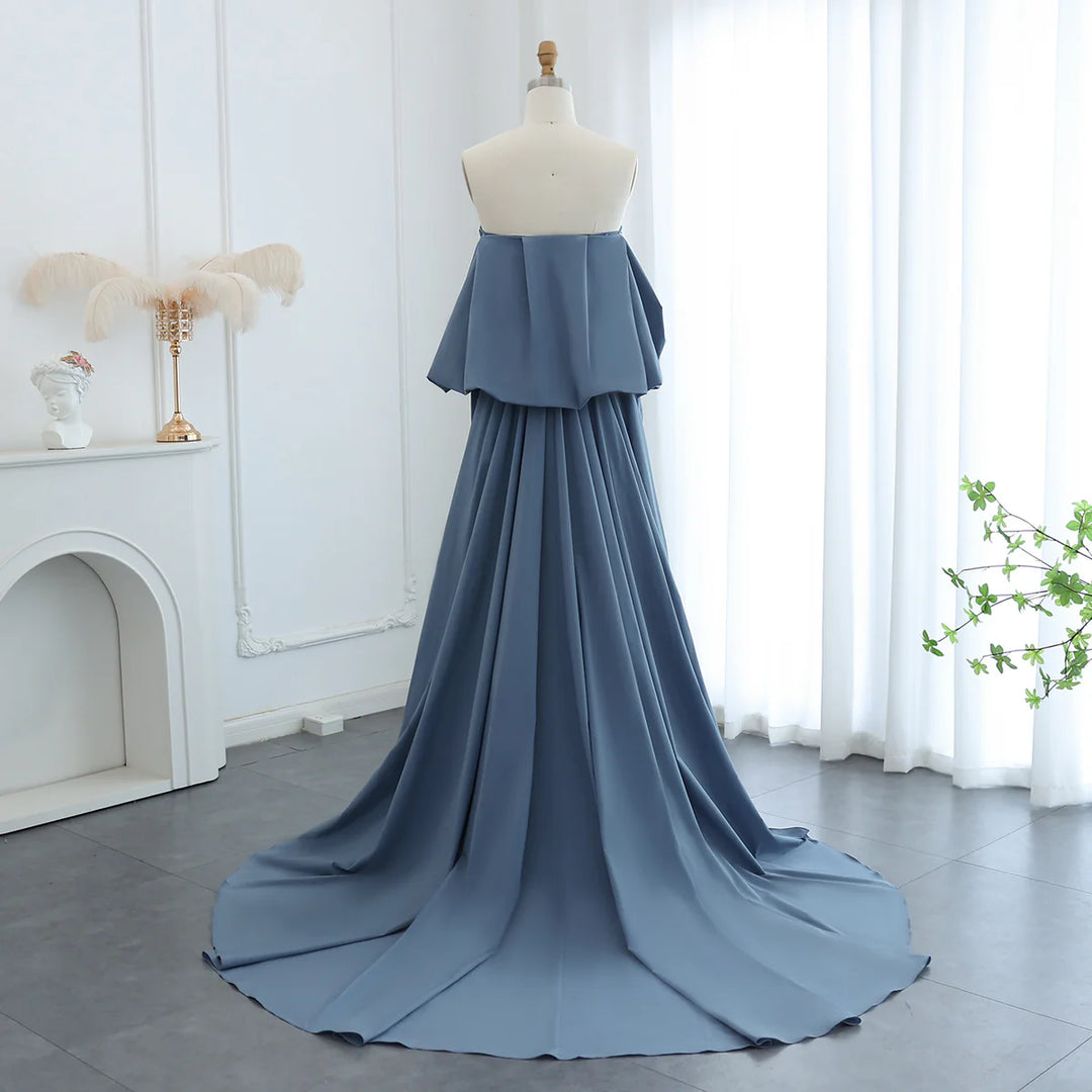 Luxury Blue Strapless Arabic Evening Dress with Cape Dubai Party Gowns SS454