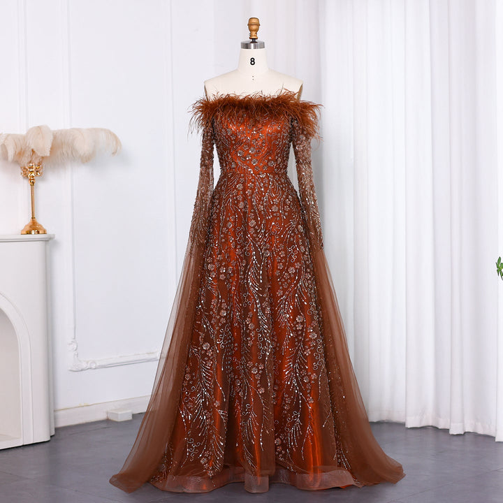 Dreamy Vow Off Shoulder Feathers Brown Evening Dress with Cape Sleeves SS135