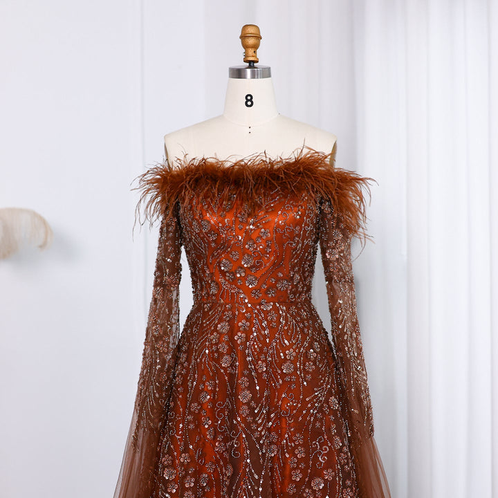 Dreamy Vow Off Shoulder Feathers Brown Evening Dress with Cape Sleeves SS135