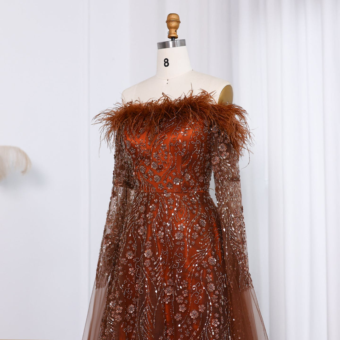 Dreamy Vow Off Shoulder Feathers Brown Evening Dress with Cape Sleeves SS135