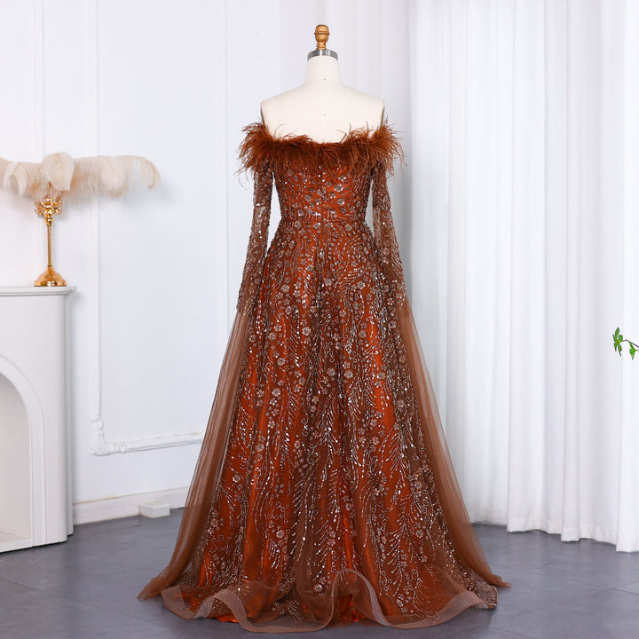 Dreamy Vow Off Shoulder Feathers Brown Evening Dress with Cape Sleeves SS135