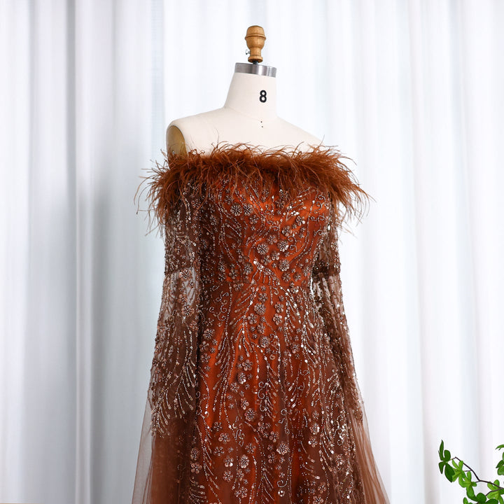 Dreamy Vow Off Shoulder Feathers Brown Evening Dress with Cape Sleeves SS135