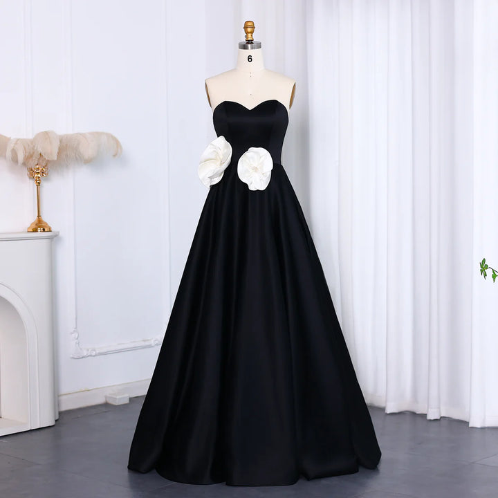 Dreamy Vow Elegant Black 3D Flowers Strapless A-Line Evening Dress SF092