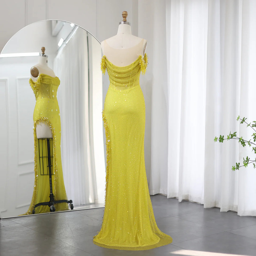 Dreamy Vow Luxury Crystal Dubai Sage Green Evening Dresses Orange Arabic High Slit Prom Dress for Women Wedding Party SS382