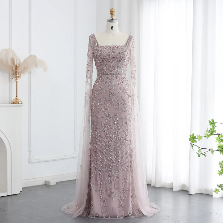 Dreamy Vow Luxuriöses arabisches türkises Abendkleid mit Cape-Ärmeln, eleganter quadratischer Ausschnitt, Dubai, Damen-Hochzeits-Partykleider SS469