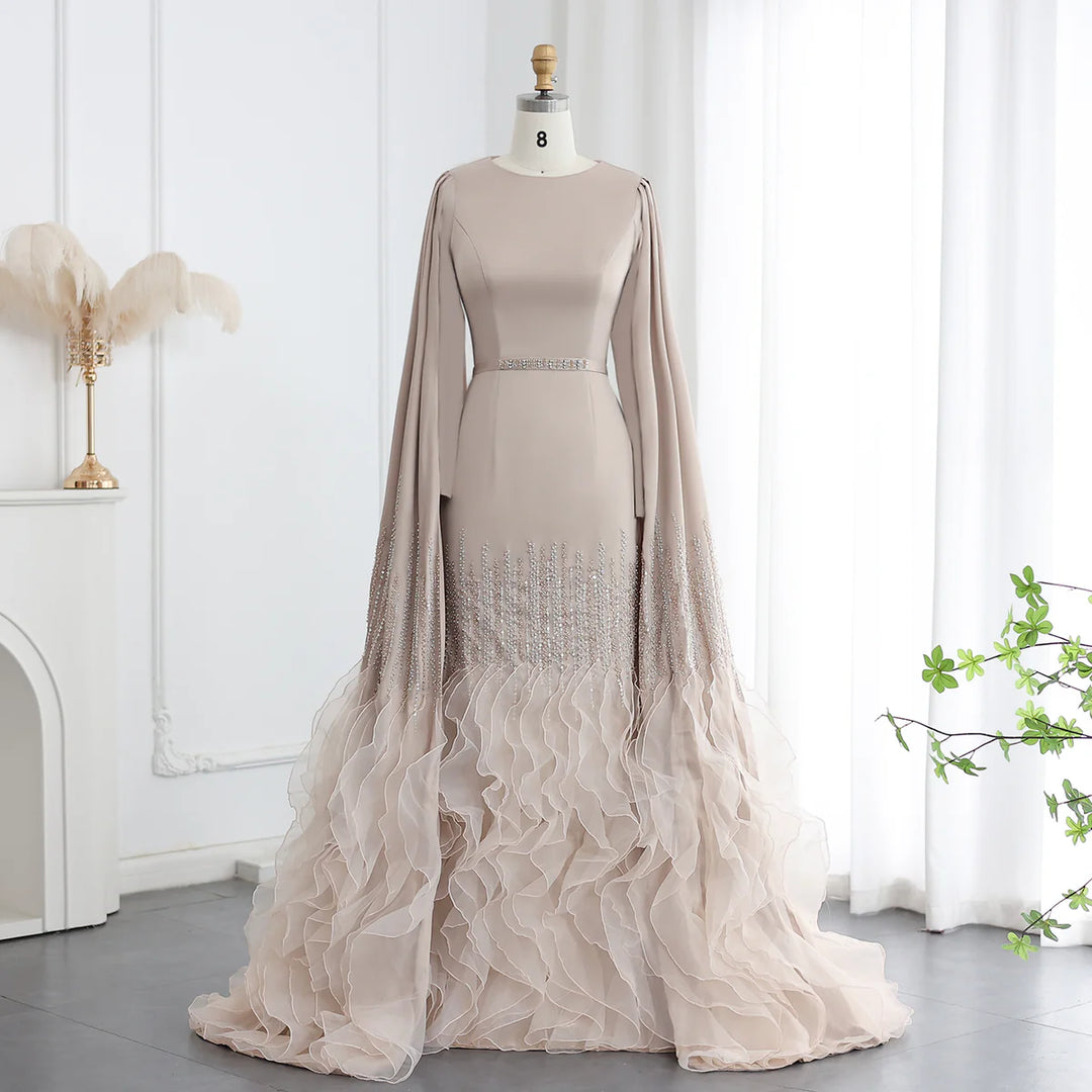 Dreamy Vow Luxus Dubai Meerjungfrau Nude Abendkleider mit Cape-Ärmeln Stufenrüschen Arabische Frauen Hochzeitspartykleider SS440