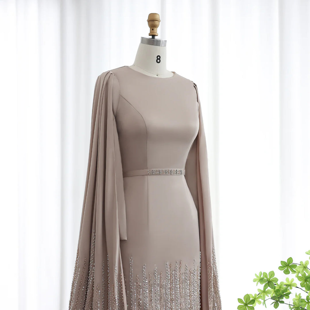 Dreamy Vow Luxus Dubai Meerjungfrau Nude Abendkleider mit Cape-Ärmeln Stufenrüschen Arabische Frauen Hochzeitspartykleider SS440