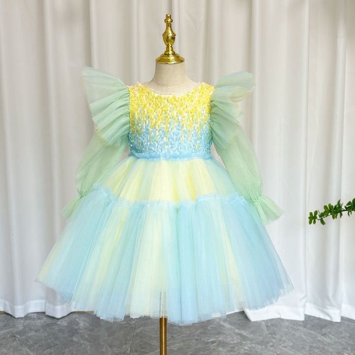 DreamyVow Shiny Pink Sky Blue Flower Girl Dress Sequined Formal Dance Gown for Kids Wedding Birthday Dinner Party Pageant J091