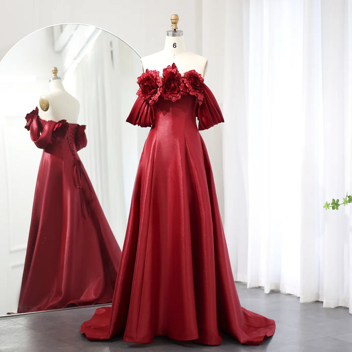 Elegant Burgundy 3D Flowers Off Shoulder Evening Dress SS344