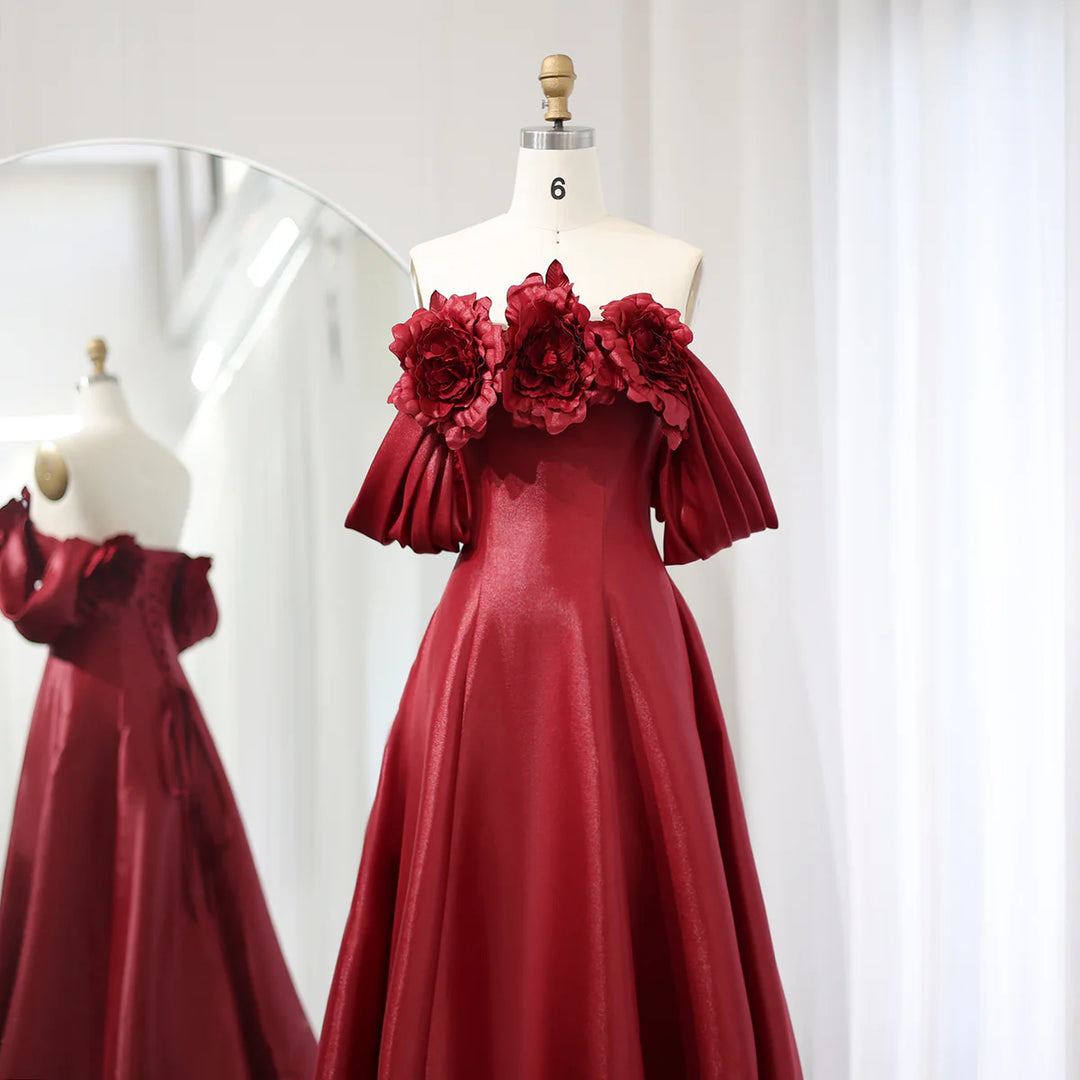 Elegant Burgundy 3D Flowers Off Shoulder Evening Dress SS344