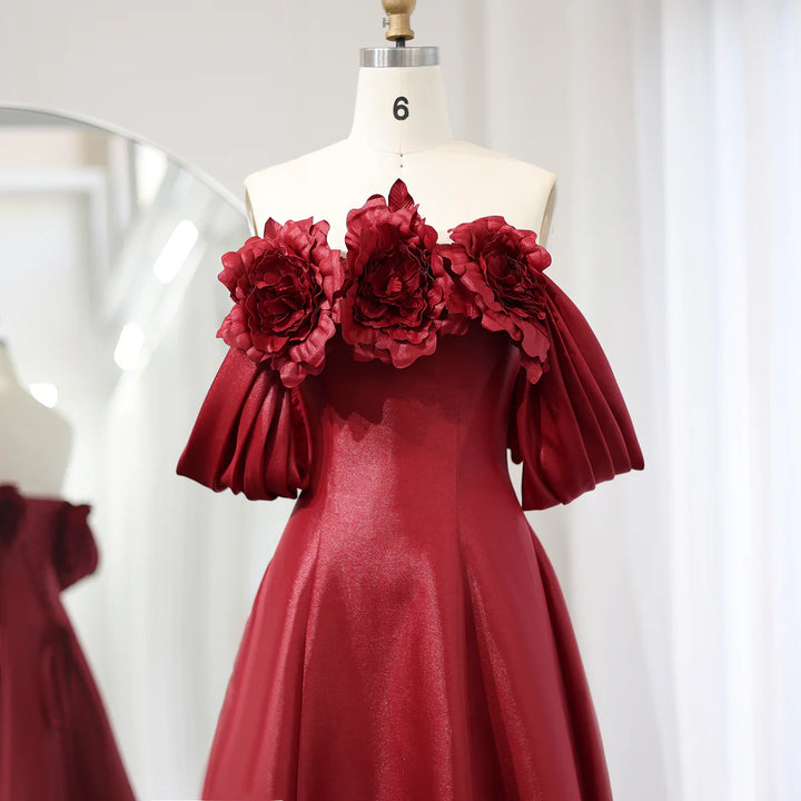 Elegant Burgundy 3D Flowers Off Shoulder Evening Dress SS344