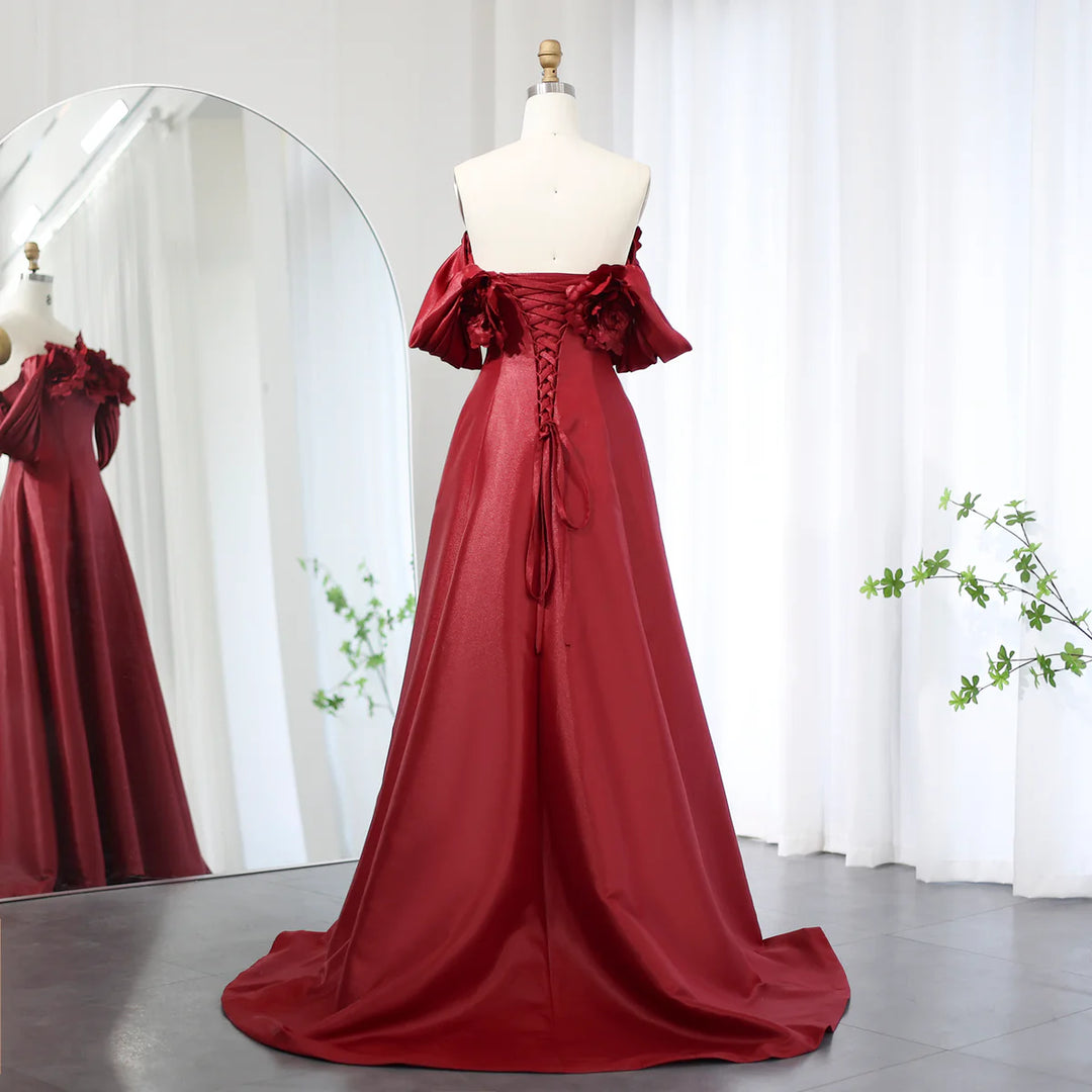 Elegant Burgundy 3D Flowers Off Shoulder Evening Dress SS344