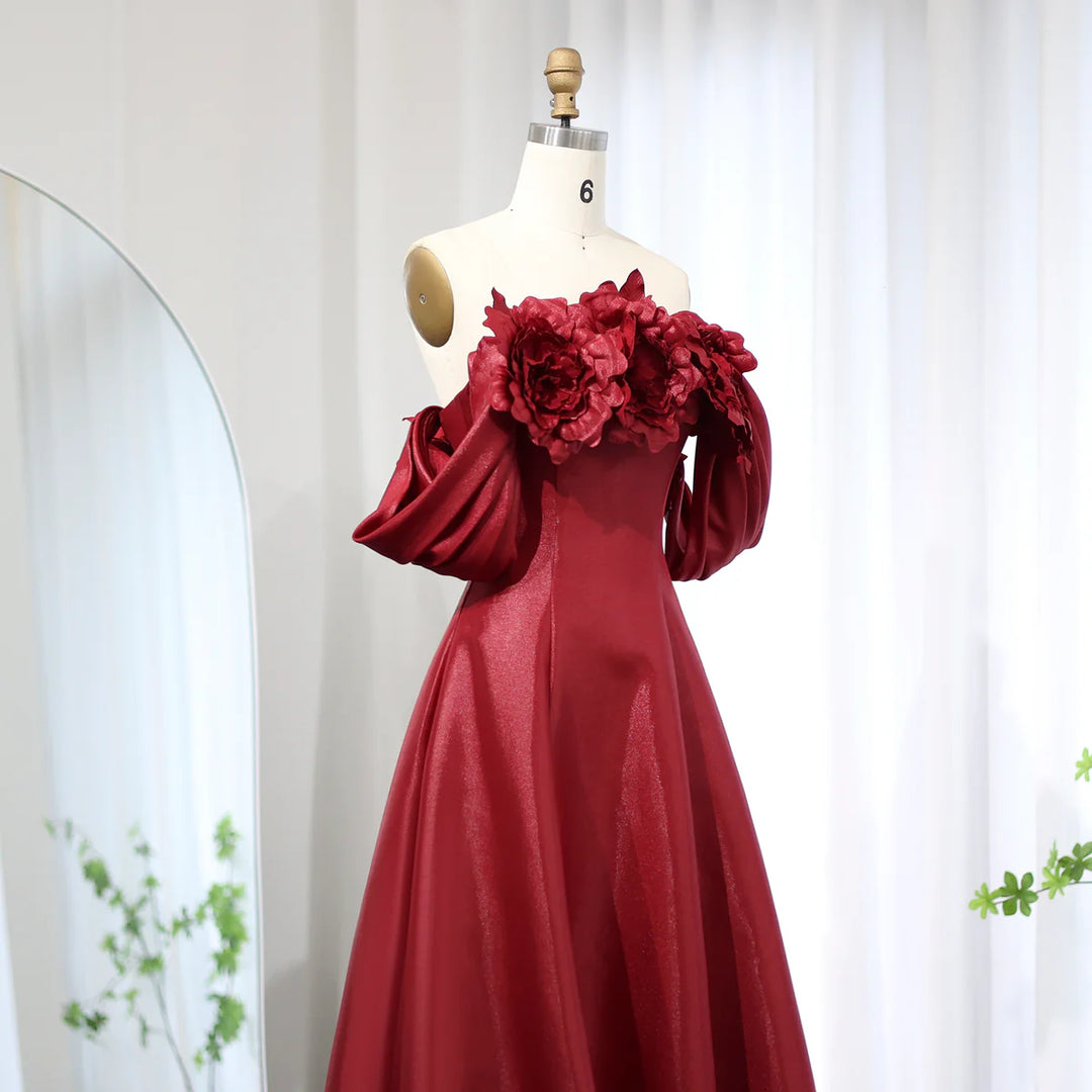 Elegant Burgundy 3D Flowers Off Shoulder Evening Dress SS344