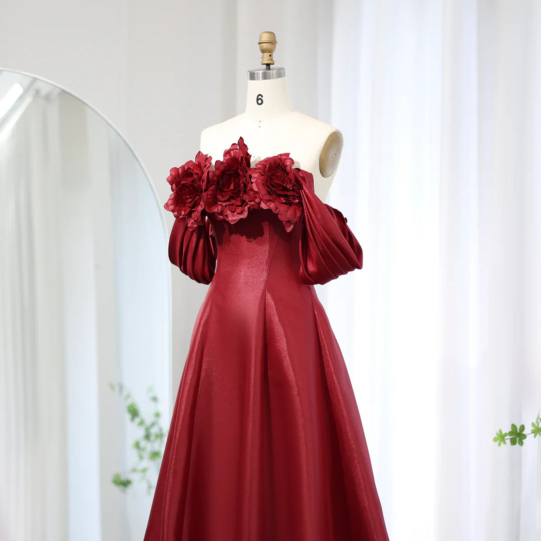 Elegant Burgundy 3D Flowers Off Shoulder Evening Dress SS344