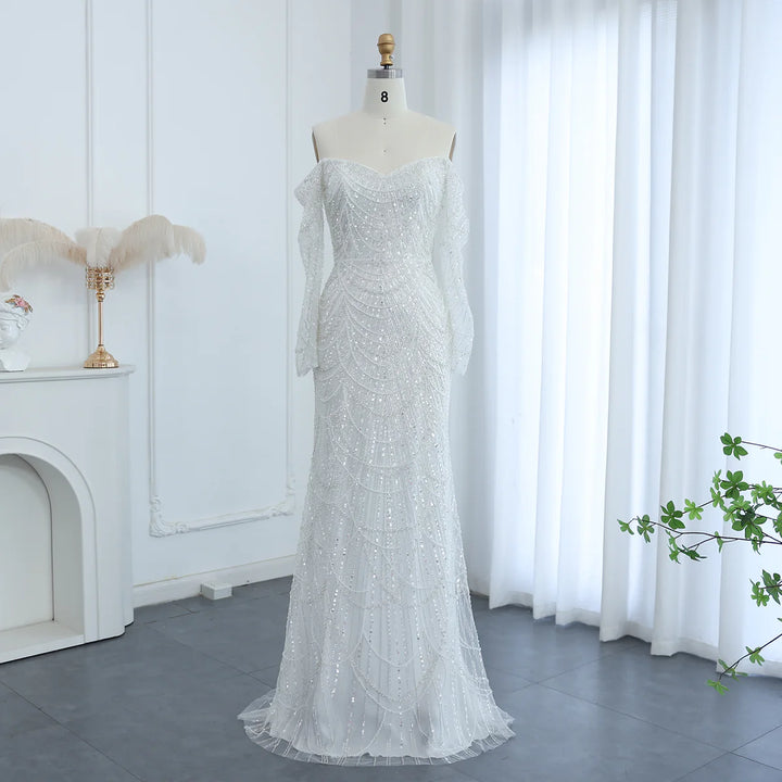 Dreamy Vow Elegantes schulterfreies Meerjungfrau-Luxus-Dubai-Abendkleid 2024 für Frauen, Hochzeits-Partykleider, lange Ärmel, SS309 