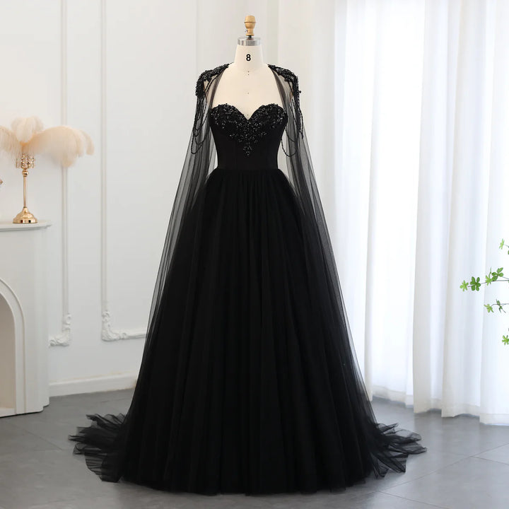 Gothic Black Tulle Evening Dress with Cape Sleeves SS394