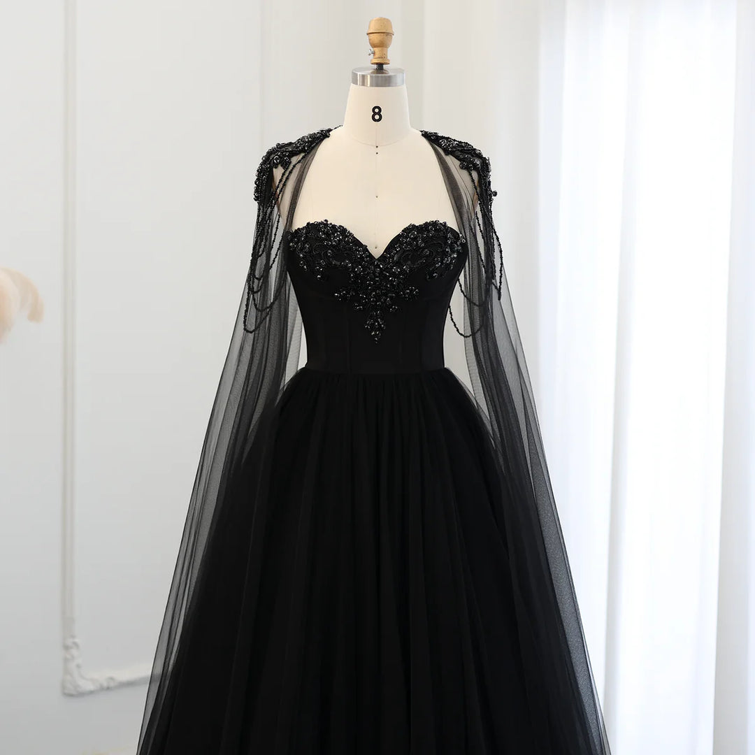 Gothic Black Tulle Evening Dress with Cape Sleeves SS394