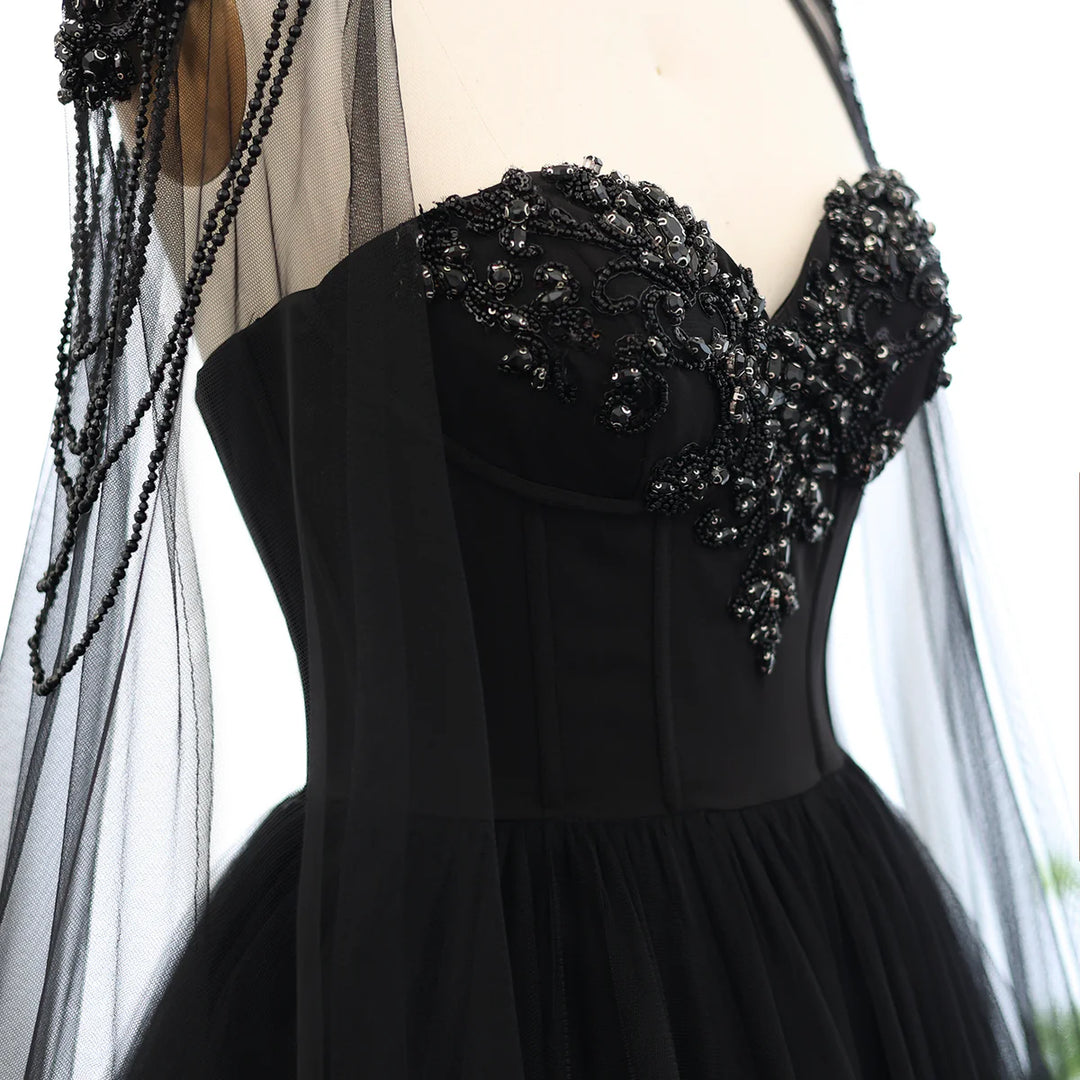 Gothic Black Tulle Evening Dress with Cape Sleeves SS394