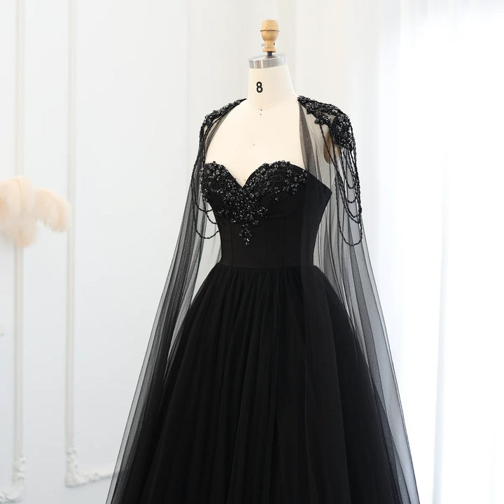 Gothic Black Tulle Evening Dress with Cape Sleeves SS394