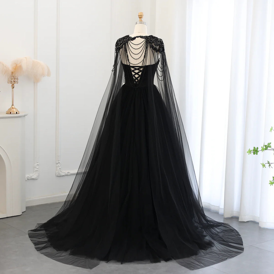 Gothic Black Tulle Evening Dress with Cape Sleeves SS394