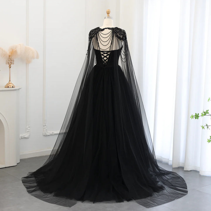 Gothic Black Tulle Evening Dress with Cape Sleeves SS394