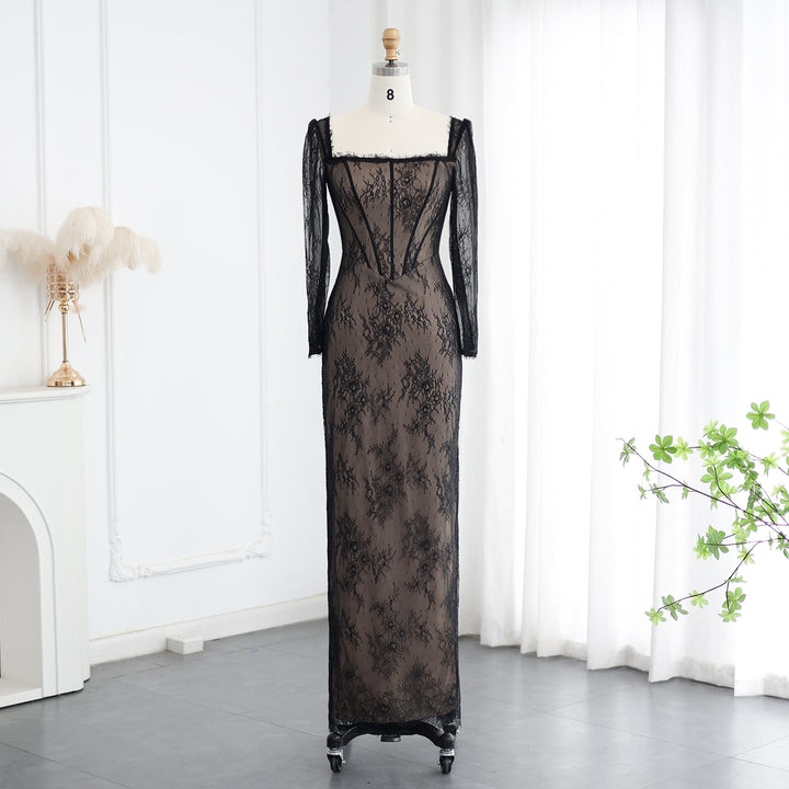 Elegant Black Lace Long Sleeves Sheath Evening Dress SF038