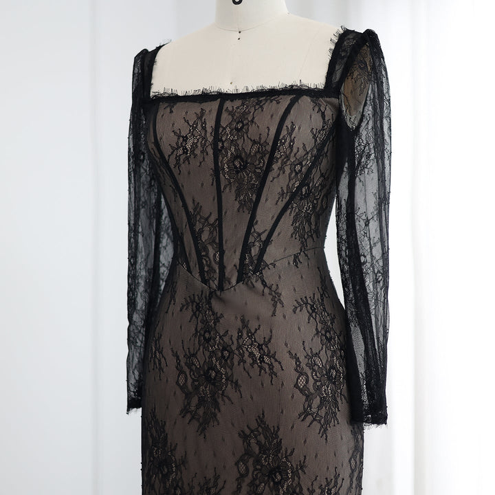 Elegant Black Lace Long Sleeves Sheath Evening Dress SF038