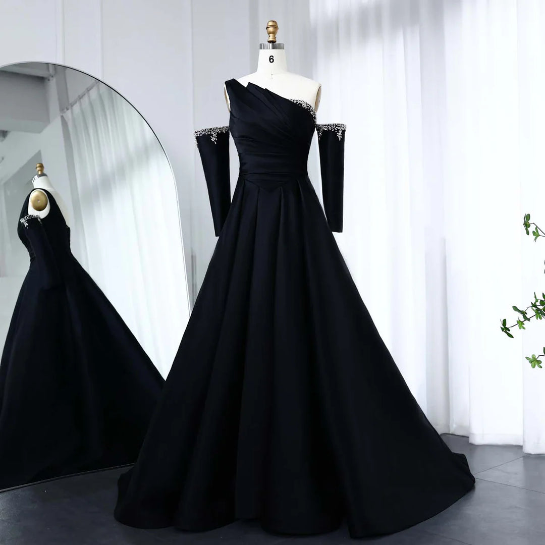 Elegant Black Satin Crystal One Shoulder Evening Dress SF272